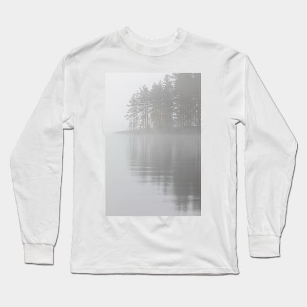 Trees reflection at lake foggy morning Long Sleeve T-Shirt by Juhku